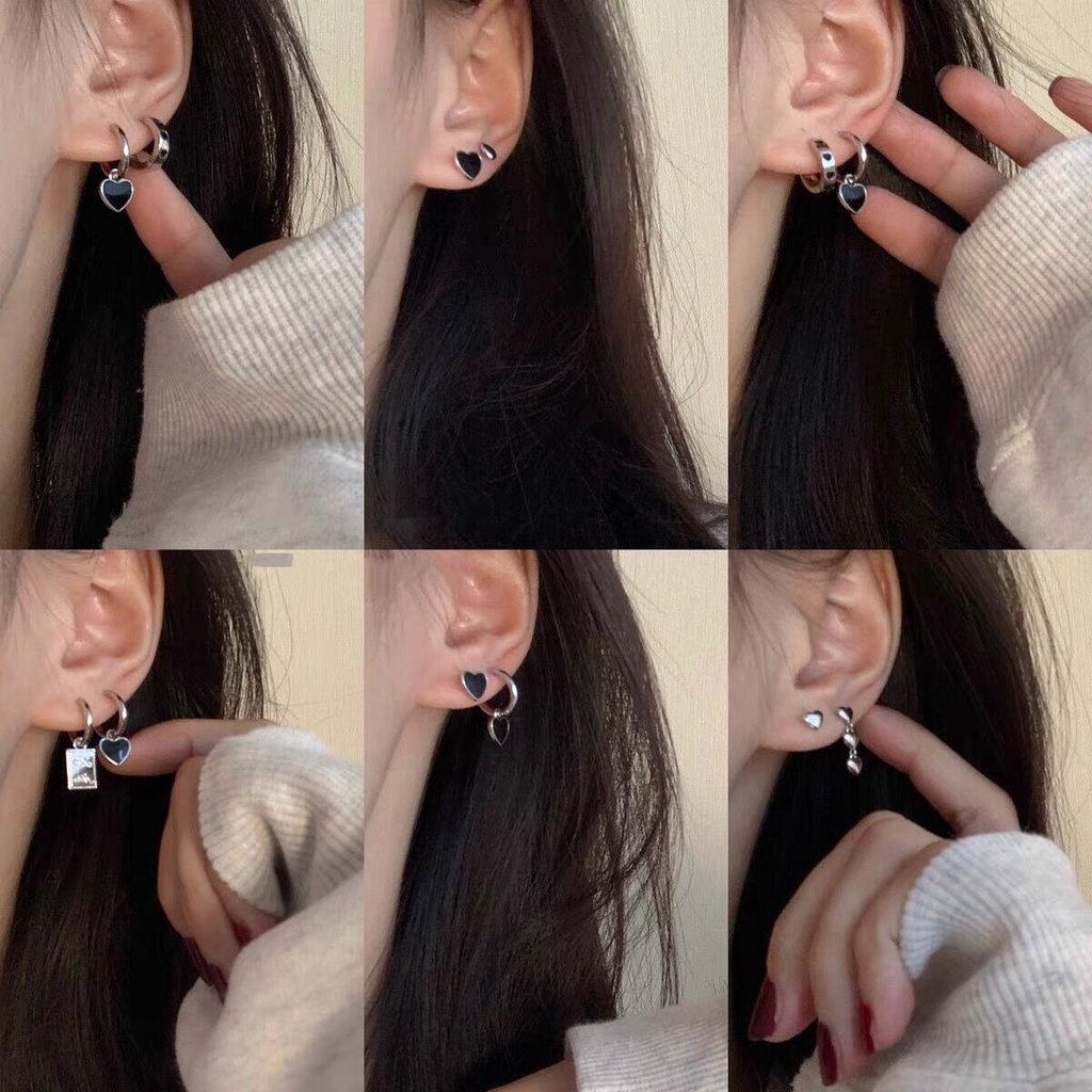 6pcs / Set Anting Tusuk Bentuk Hati Warna Hitam Gaya Retro