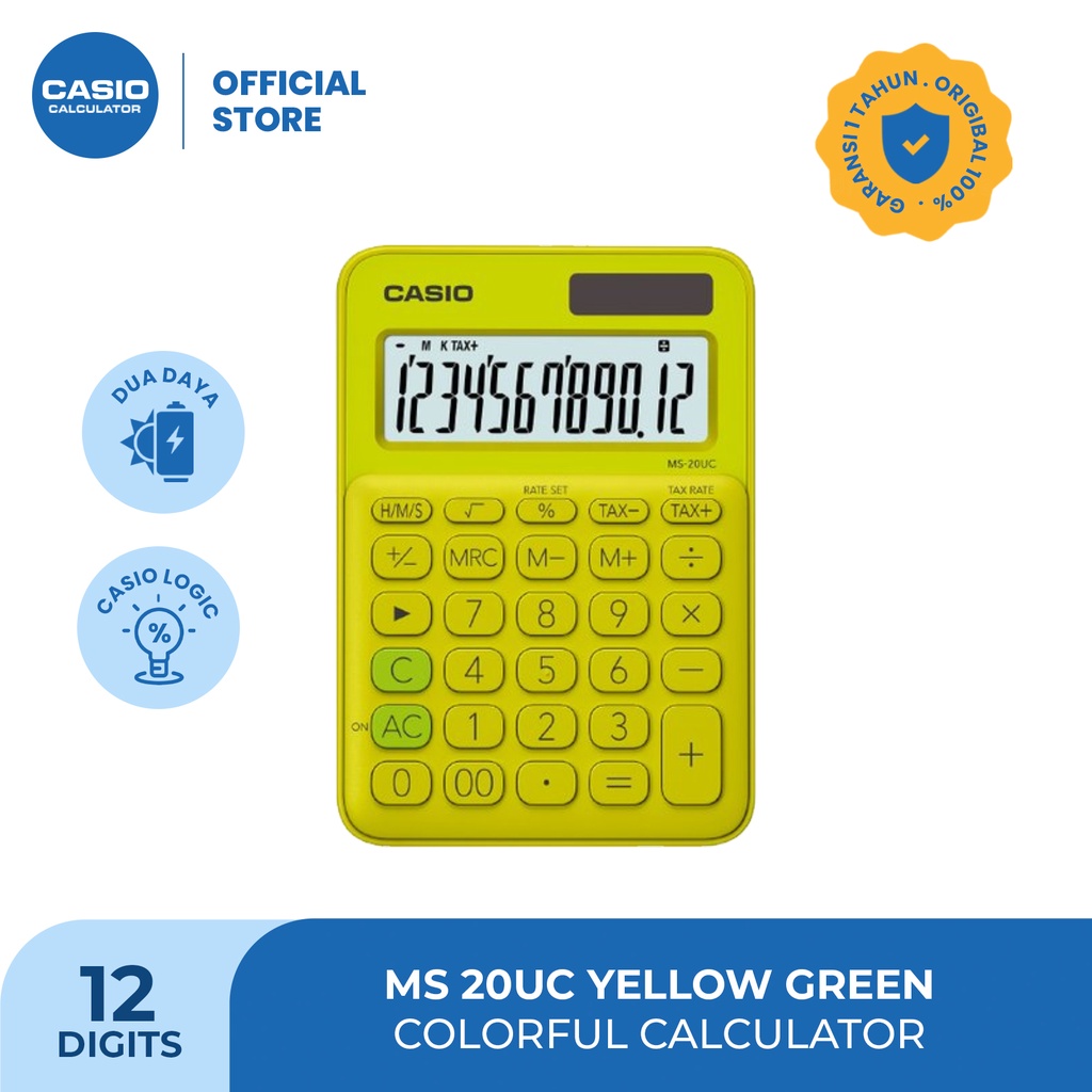 

CASIO KALKULATOR MS-20UC - Hijau Kuning - Kalkulator Kantor - Seri Colorful - 12 digit