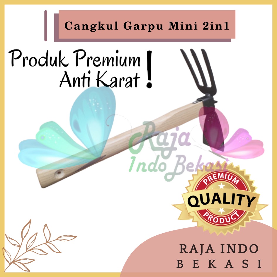 Rajaindobekasi Cangkul Garpu Mini 2in1 Multifungsi Gagang Kayu Garuk Garukan Pacul Kored Cored Koret Kebun Taman Mini Kecil Serba Guna Murah - Cangkul Garuk Rumput Baja Asli Anti Lengket Anti Karat