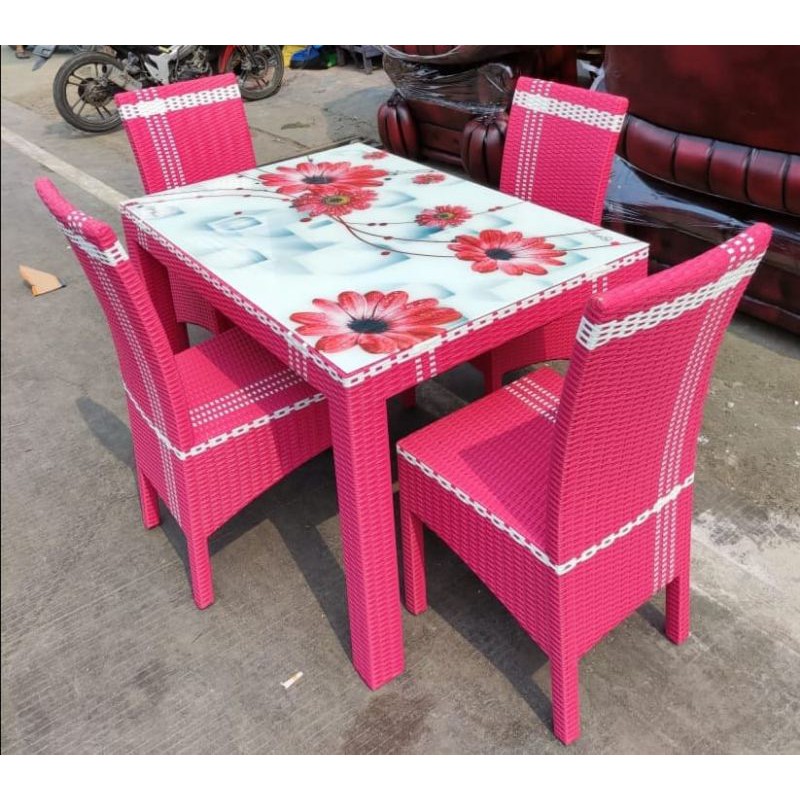 meja makan rotan sintetis+kaca printing