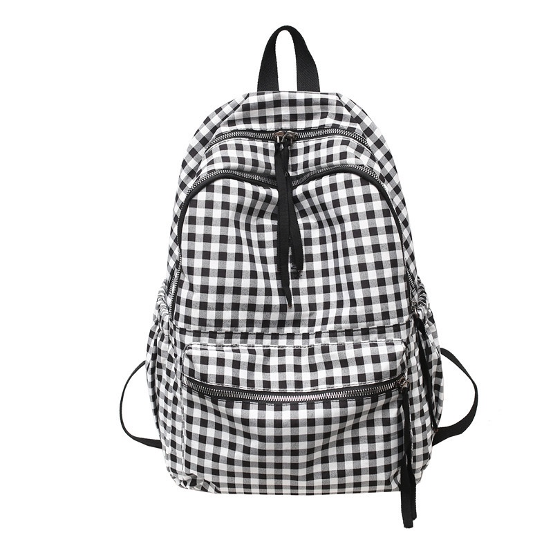 Mores Tas Ransel Laptop Wanita Niky Monokrom Tartan Korean Polyester backpack Nilon import remaja kuliah sekolah motif Gingham Hitam Putih