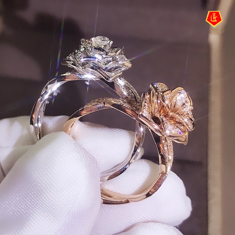 [Ready Stock]18K Rose Gold Zircon Ring Rose Flower Elegant Graceful