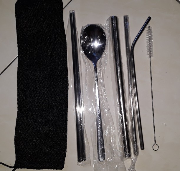 Sedotan Stainless Set Paket Komplit Boba Bubble Pouch