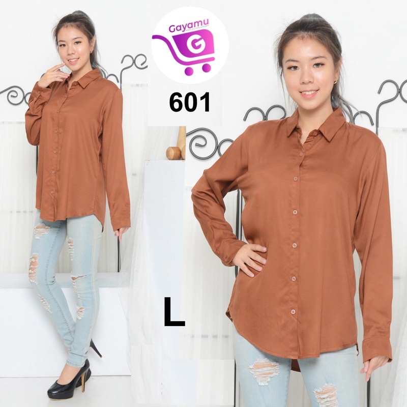 KEMEJA WANITA LENGAN PANJANG SIZE M&L (601)-Cokelat Pekat L
