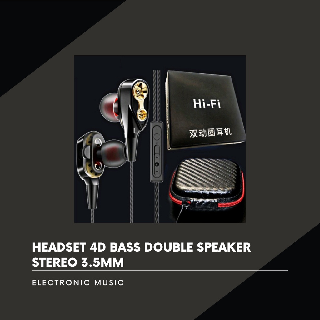 Headset 4D Bass Double Speaker Stereo 3.5mm Wired Earphone Dual Driver with Mic Hifi Tas Bag