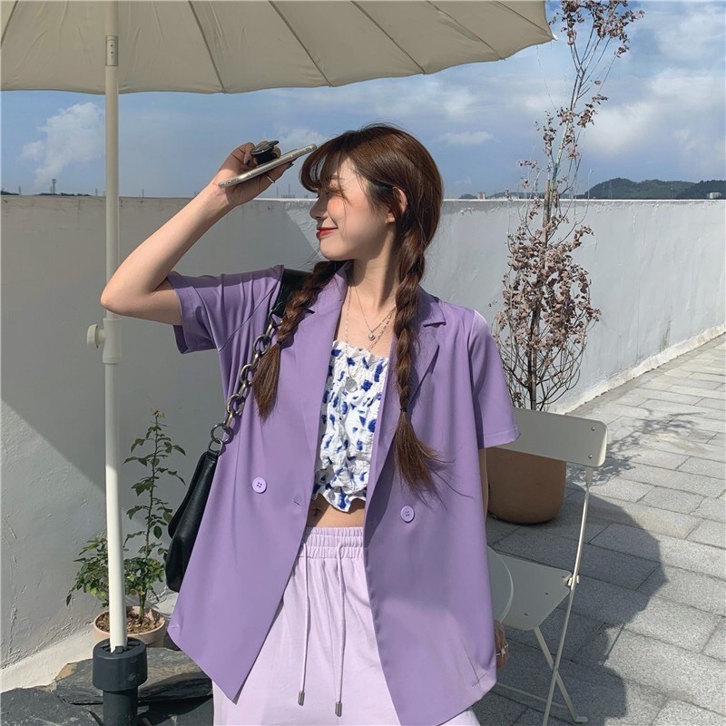 Blazer Korea Wanita Lilac Purple Lengan Pendek