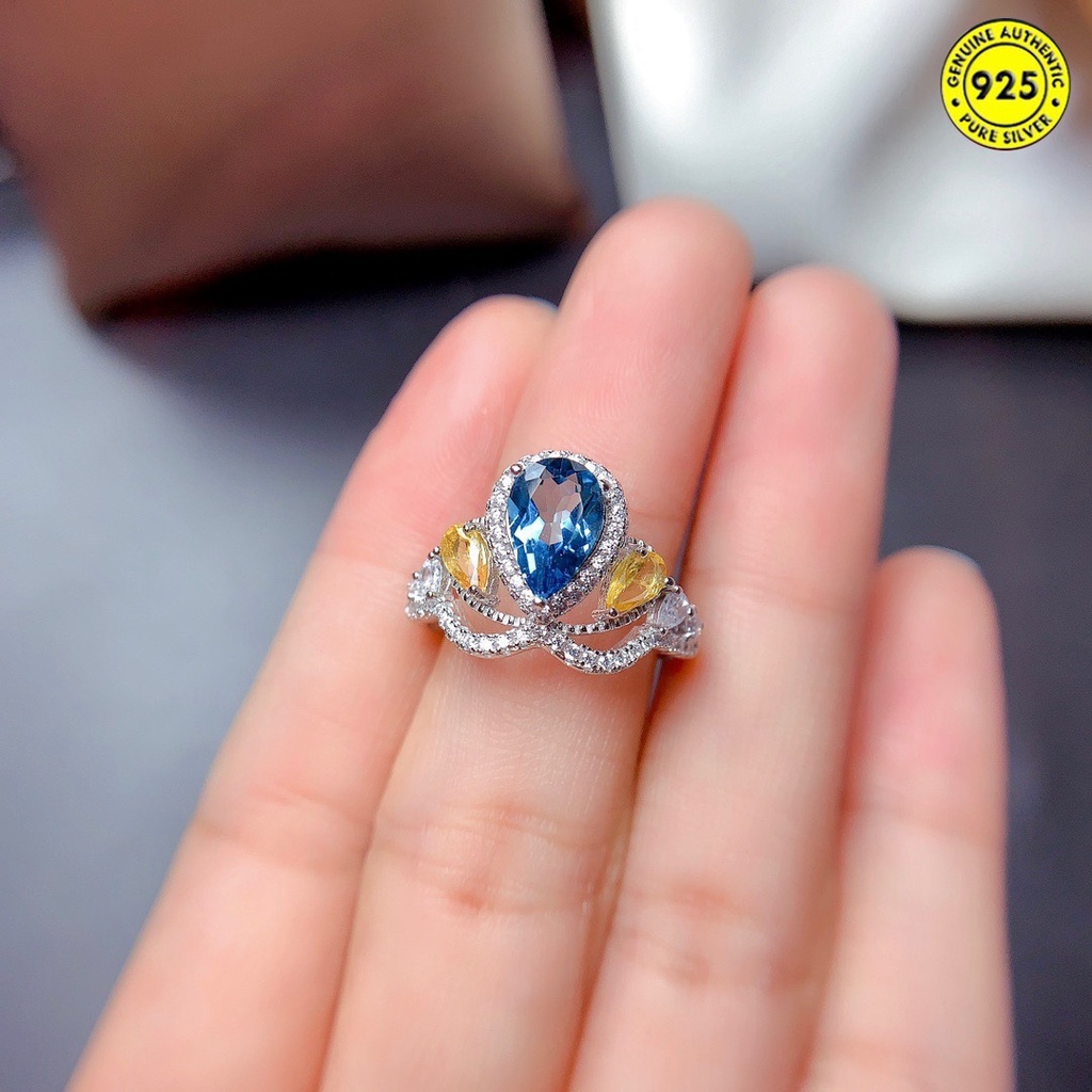 Cincin Open Ring Desain Mahkota Hias Batu Topaz Biru Natural Untuk Wanita