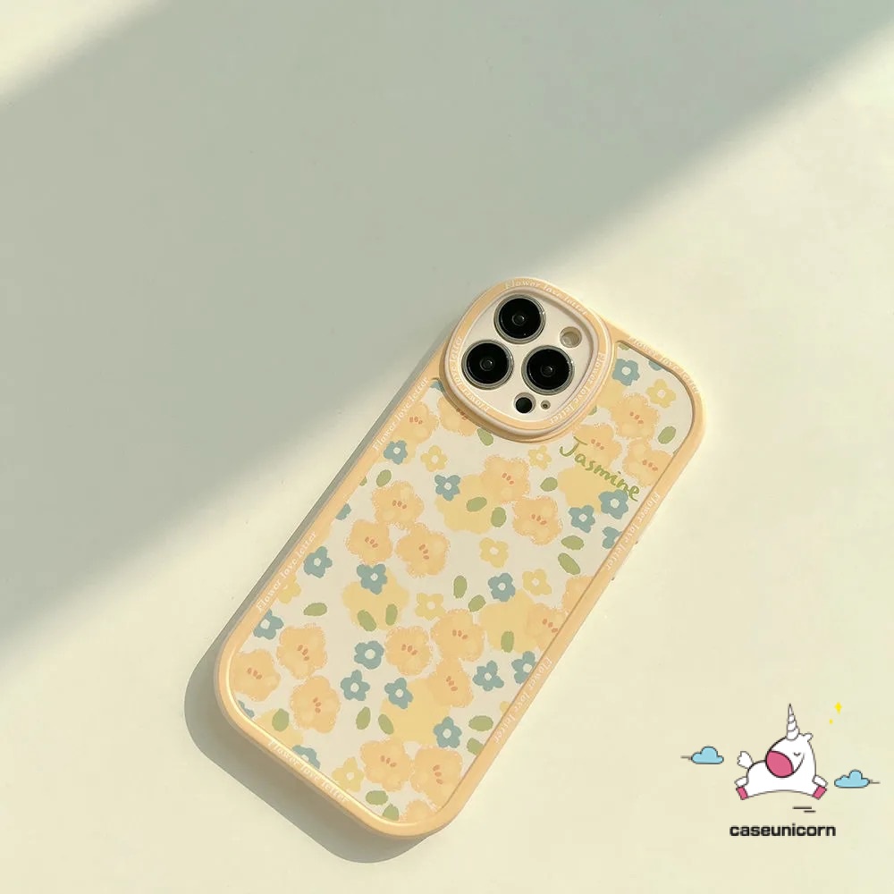 IPHONE Casing Ponsel Retro Lucu Kompatibel Untuk Iphone11 7 8 Plus12 14 13 11 Pro Max X XR XS Max6 6s 7Plus 8Plus SE 2020bunga Kuning Lensa Bulat Shockproof Anti Jatuh Lembut TPU Penutup Belakang