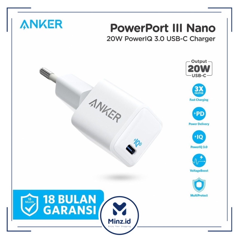 Wall Charger Anker PowerPort III Nano 20W A2633 Adaptor Cas Fast Charging PD PIQ Power IQ 3.0 Support Usb Type C to Lightning MFi / Type C to Type C for iPad Pro Air 11” 12.9” iPhone 13 12 11 / Pro / Pro Max / Mini / X Xr Xs Max