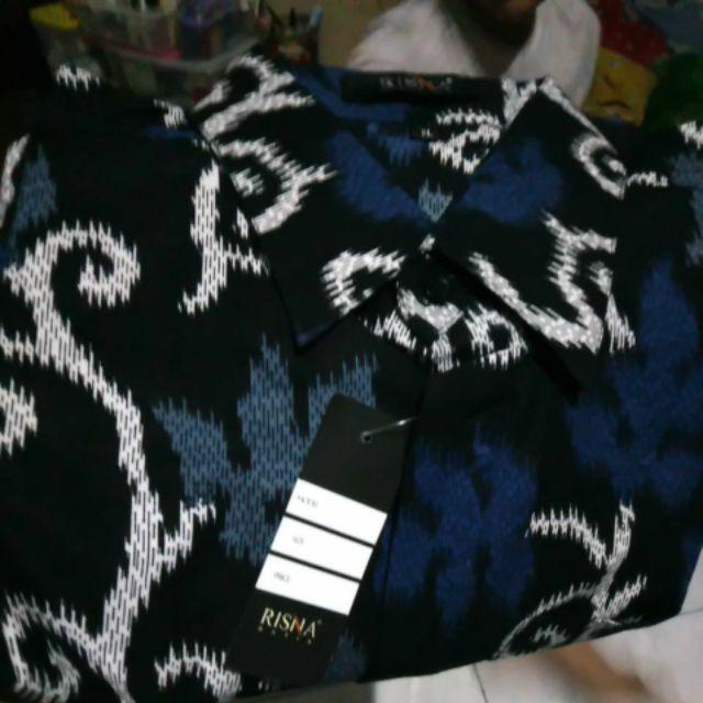 Risna Batik Krb Daun Kelapa Biru Kemeja Batik