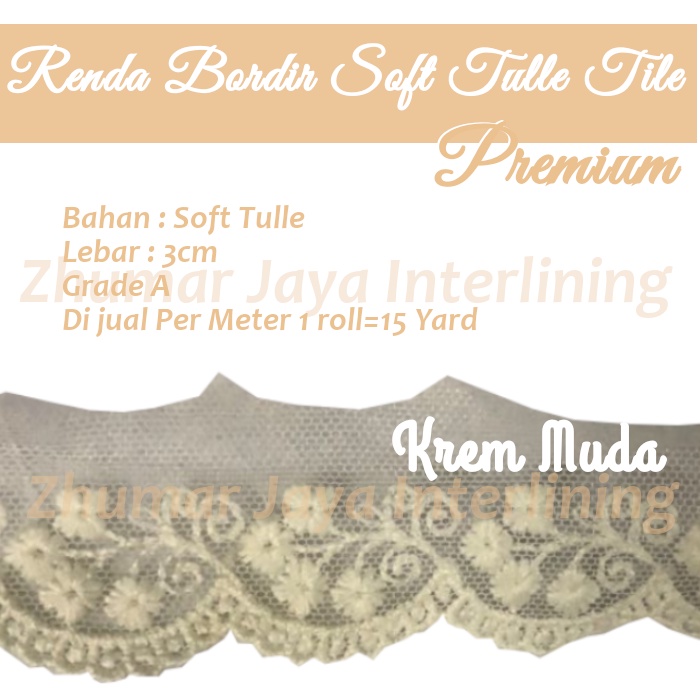 Renda Bordir Soft Tulle Tile Premium Lebar 3 CM per Meter