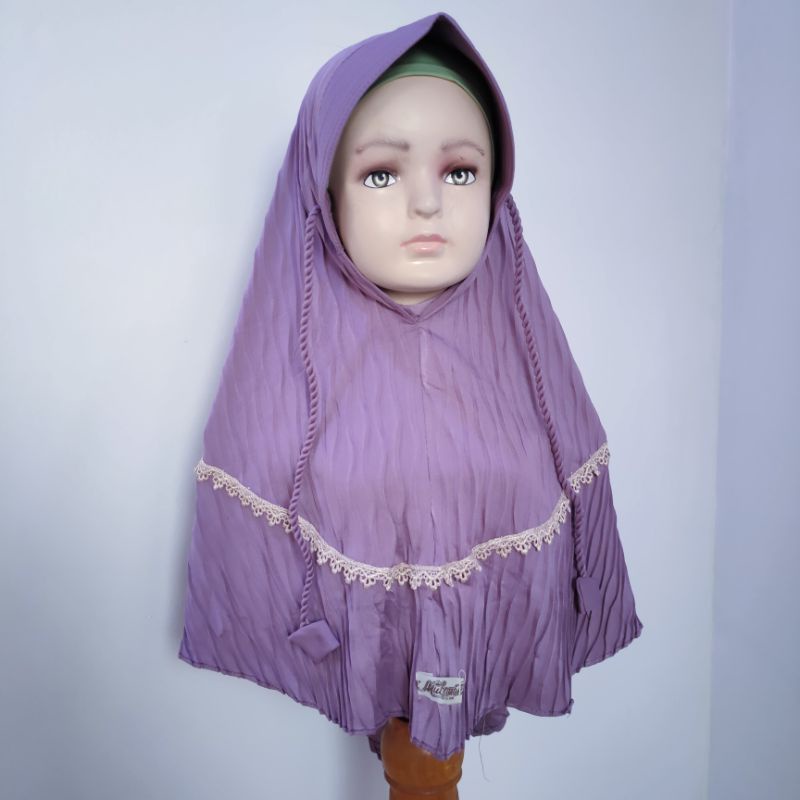Jilbab Anak 4 5 6 7 8 tahun pet plisket renda marun lime ungu hitam ( jilbab plisket rendaya )