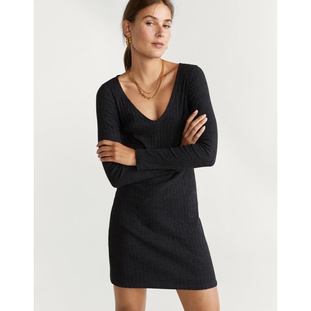 Ribbed cotton dress. dress tangan panjang Mango. ori best seller dan termurah