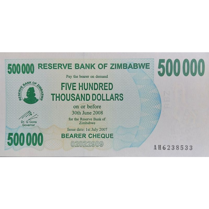 Uang Asing Negara Zimbabwe 500.000 Dollar tahun 2008 Kondisi UNC GRESS MULUS Original 100%