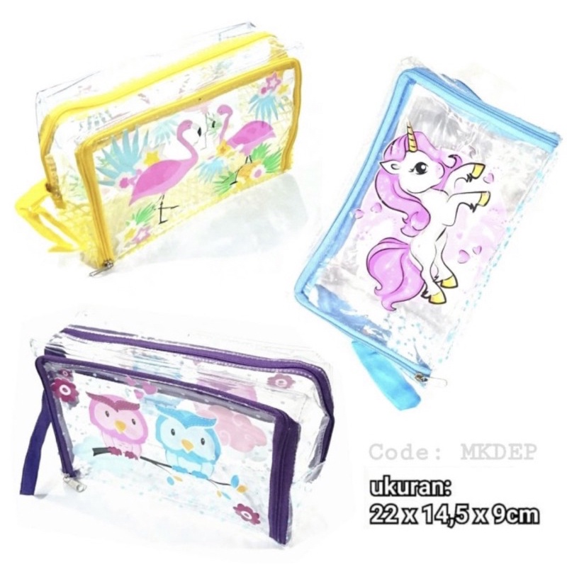 dompet kosmetik mika kantong depan mkdep besar tempat pensil bening pouch waterproof