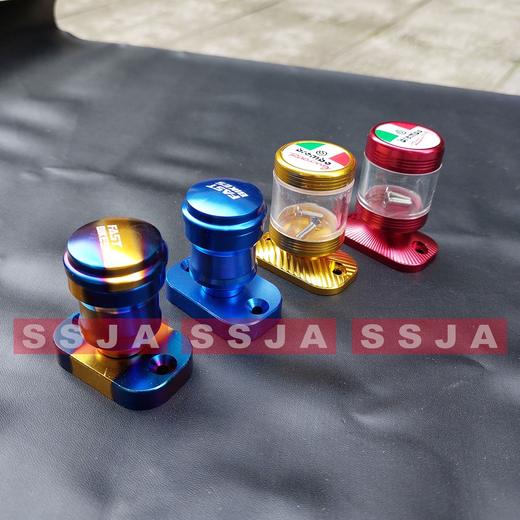 TUTUP MINYAK REM/TABUNG MINYAK REM MODEL STEMPEL KACA DAN CNC TWOTONE GOLD MERAH BIRU UNTUK MOTOR YAMAHA MIO NMAX AEROX VEGA JUPITER FINO DLL