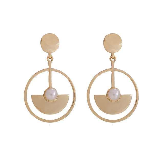 LRC Anting Tusuk Fashion Gold Pearl Geometric Metal Circle Cutout Fan Earrings F69846