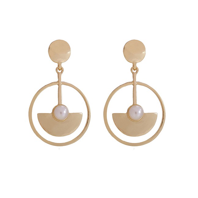 LRC Anting Tusuk Fashion Gold Pearl Geometric Metal Circle Cutout Fan Earrings F69846