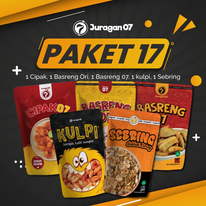 

jajanan 07. paket 17 (cipak, sebring, kulpi, basreng premium pedas, basreng premium ori)