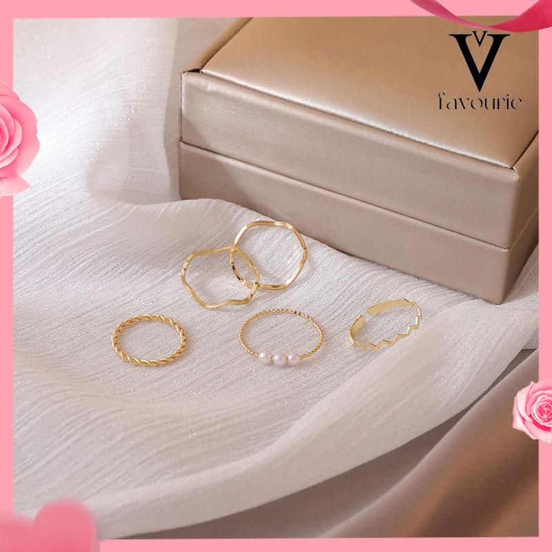 [COD]5 pcs Cincin Set Fashion Aksen Berlian Imitasi Mutiara Untuk Wanita-FA
