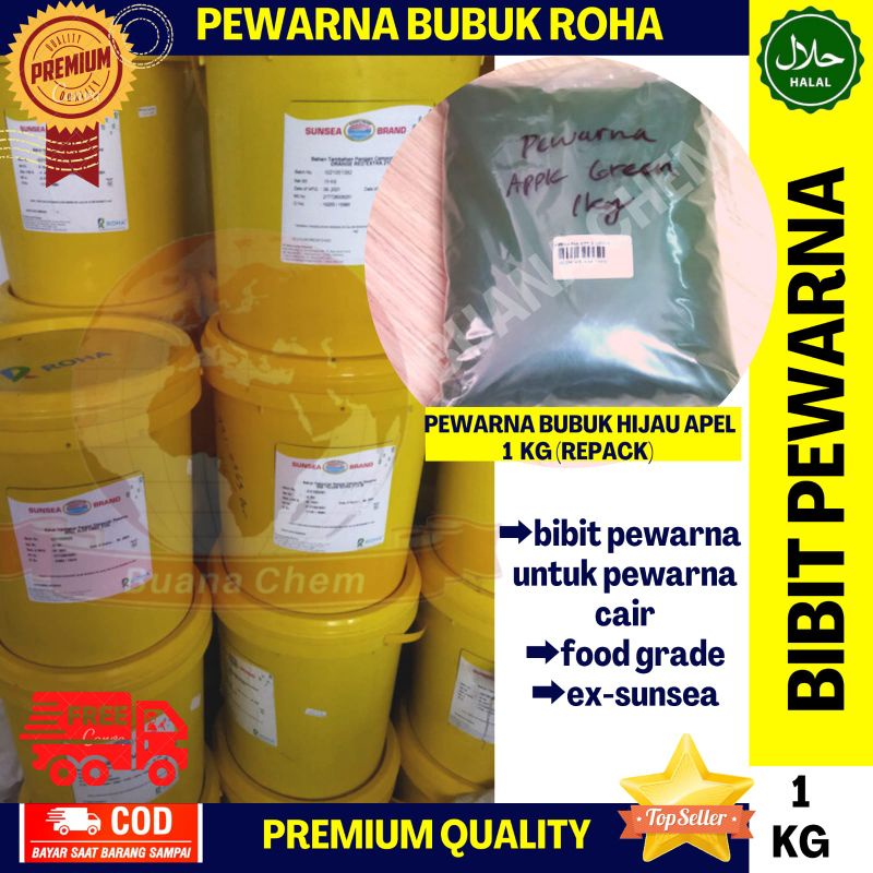 

Pewarna Makanan Bubuk Apple Green 1 KG / Pewarna Makanan Hijau Apple / Bibit Pewarna Cair