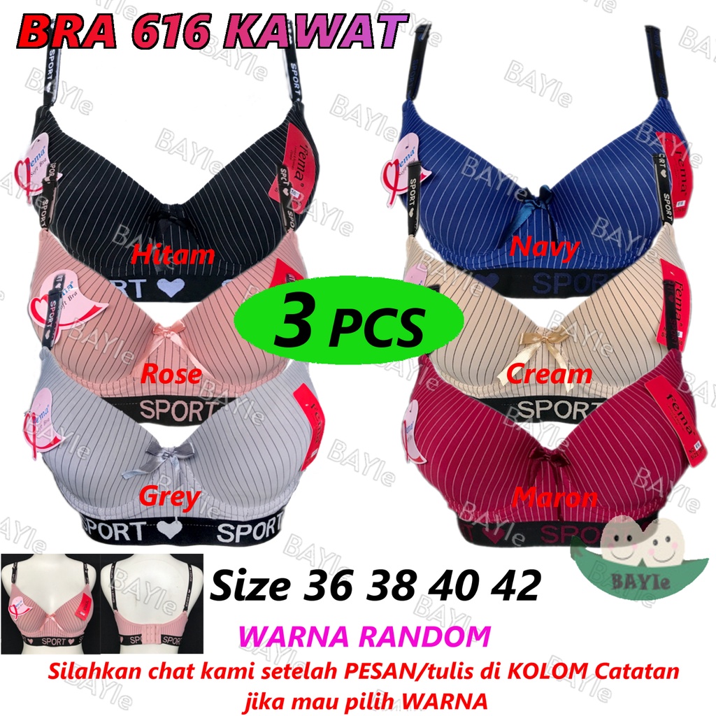 3 PCS BH / Bra Wanita Cewek Dewasa Motif Salur FEMA 616 Cup C Busa Sedang Pakai Kawat Kaitan 3 Size 36 - 42