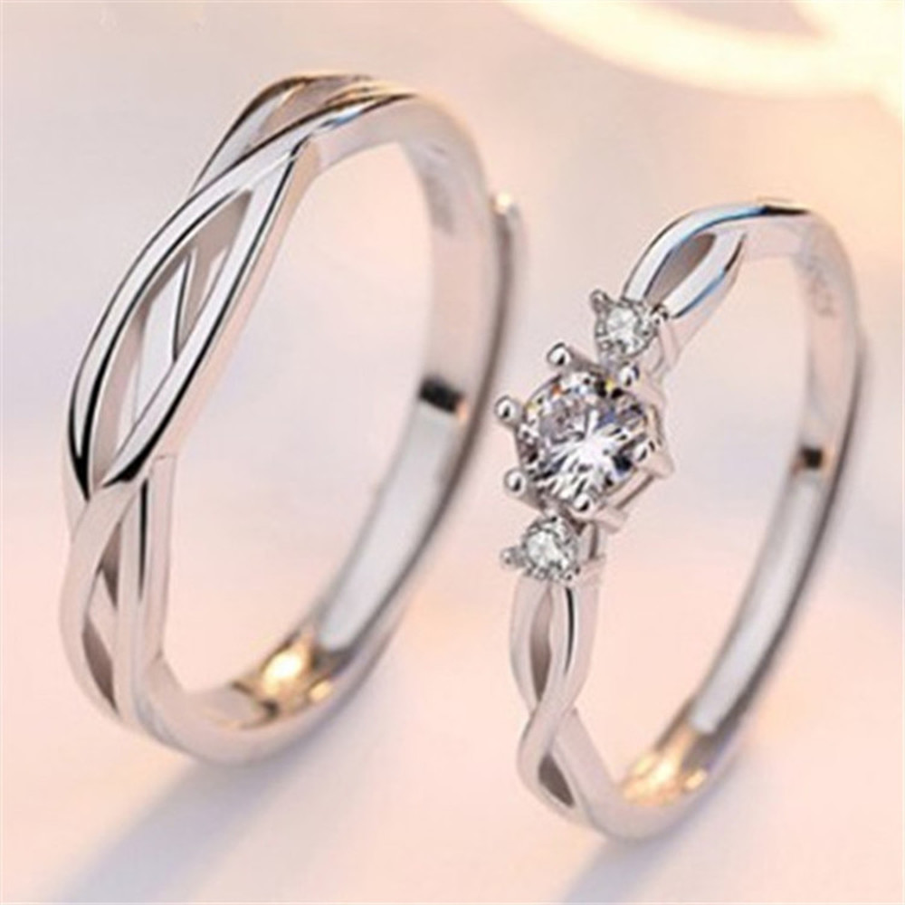 2pcs / Set Cincin Model Terbuka Desain Mahkota Hias Berlian Zirkon Untuk Wanita