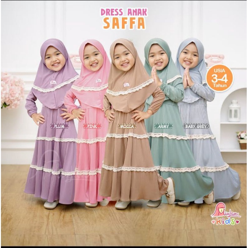 Dress Anak Saffa Miulan Kids Original Gamis Anak 1-4 Thn Set Gamis dan Jilbab Dress Muslim Plisket T