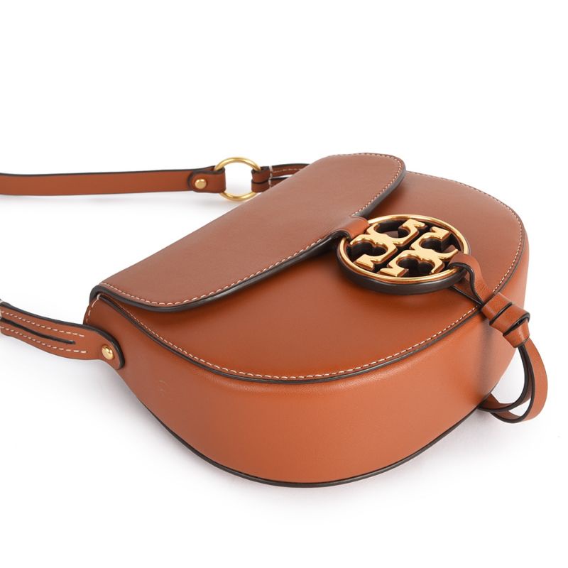 Tory Burch Miller Hollow Logo Leather Crossbody Saddle Bag (Small) Camel Coffee