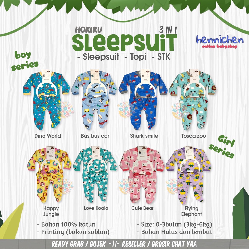 MOTIF BARU YAA  TERMURAH 3 in 1 HOKIKU Set sleepsuit topi sarung tangan SNI