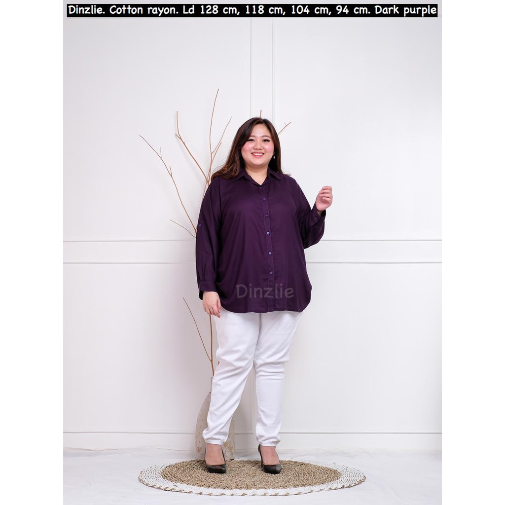 Dinzlie Kemeja Polos Katun Rayon Wanita Warna Ungu tua Ukuran L XL XXL XXXL Hijab Busui Friendly