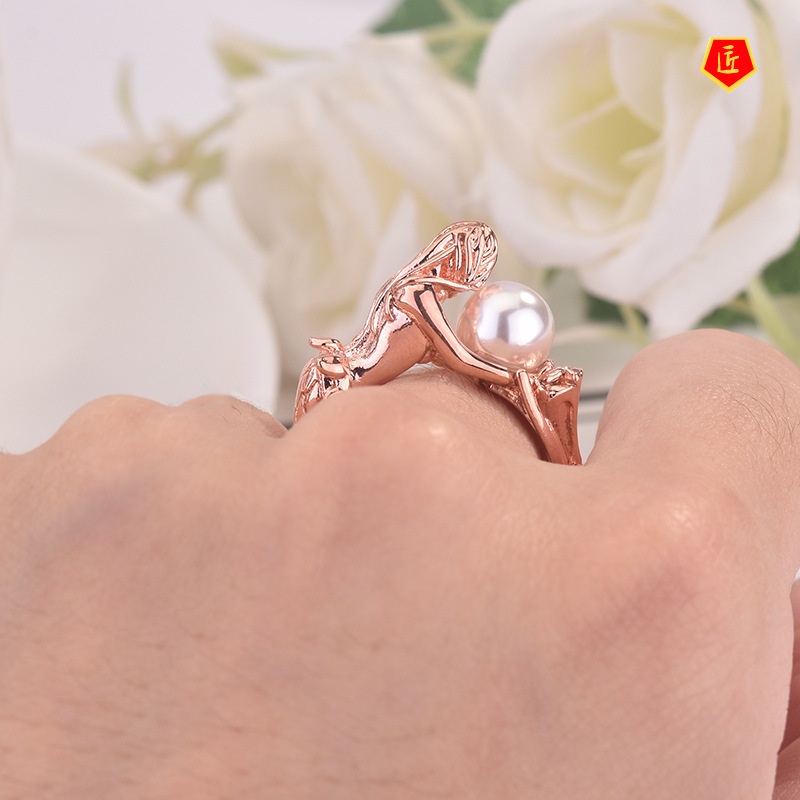 [Ready Stock]Creative Mermaid White Pearl Ring 18K Rose Gold