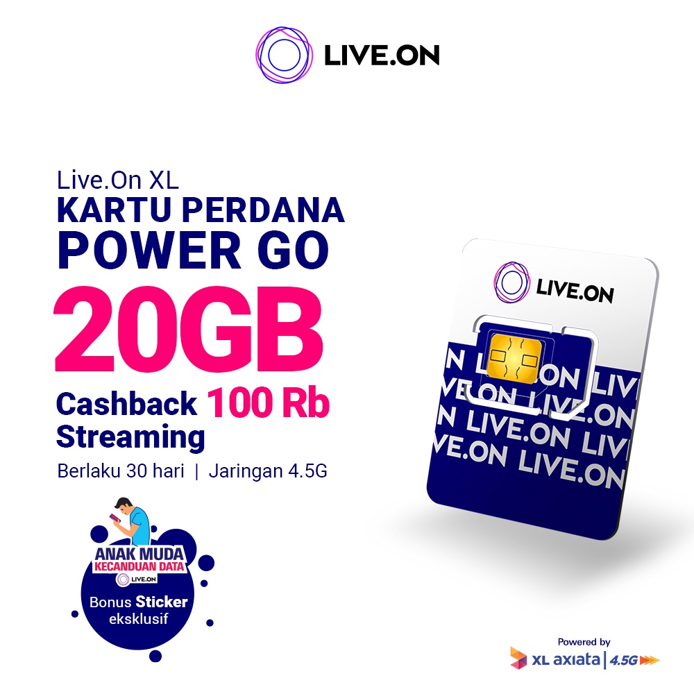 New Live.On XL Kartu Perdana Power Go 20GB + Rp100rb Cashback (Streaming) (30 hari) 4.5G + Sticker F