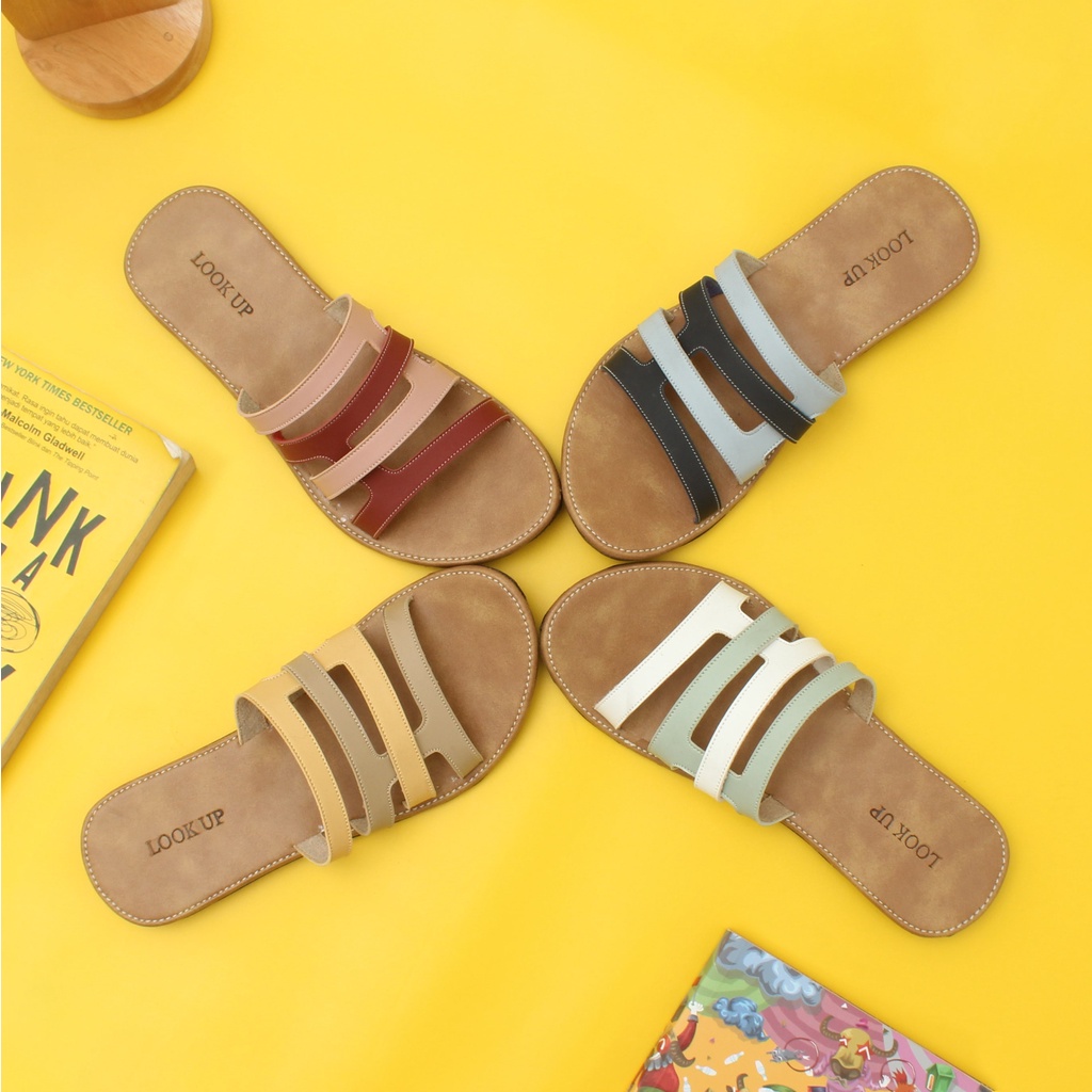 Sandal Kulit Wanita Sandal Kekinian Sandal Slop Slide Wanita Flat Motif Kombinasi Look Up - YUNIAR