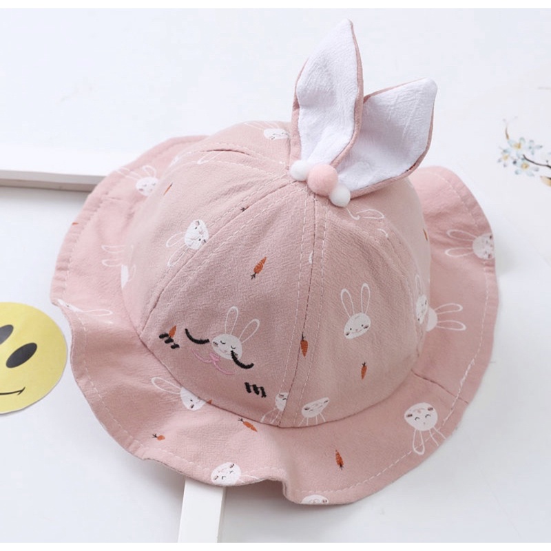 Topi Bucket Anak Bayi Telinga Bentuk Rabbit Carrot Ruffle-Pink Tua polos