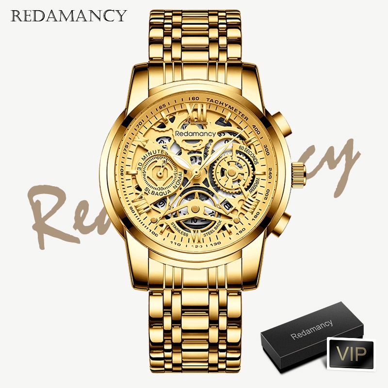 Redamancy Original Jam Tangan Pria Anti Air Luxury bisnis bercahaya Stainless Steel Watch emas murni