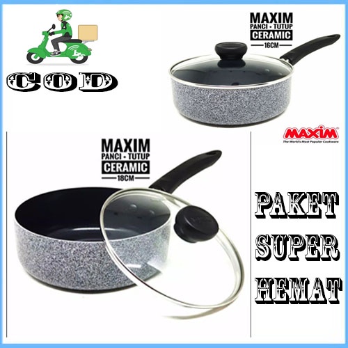 paket Maxim Neostone Wajan Panci Saucepan 2pcs 18 Cm + 16 cm Ceramic Marble Anti Lengket + Tutup Kaca