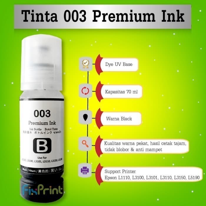 Tinta Epson 003 Refill Cartridge T00V Printer L1110 L3110 L3150 L5190 FPTS360