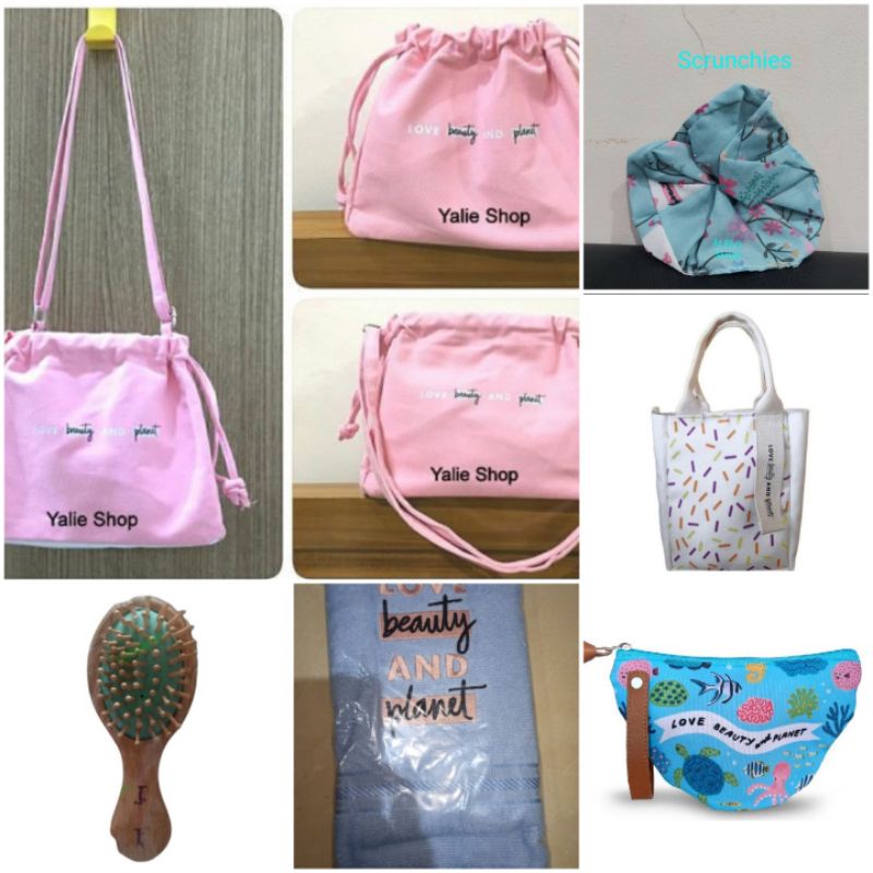 tas love beauty, sisir, kuncir, tas canvas, tas pasar, pouch kosmetik, handuk, olay kotex cetaphil