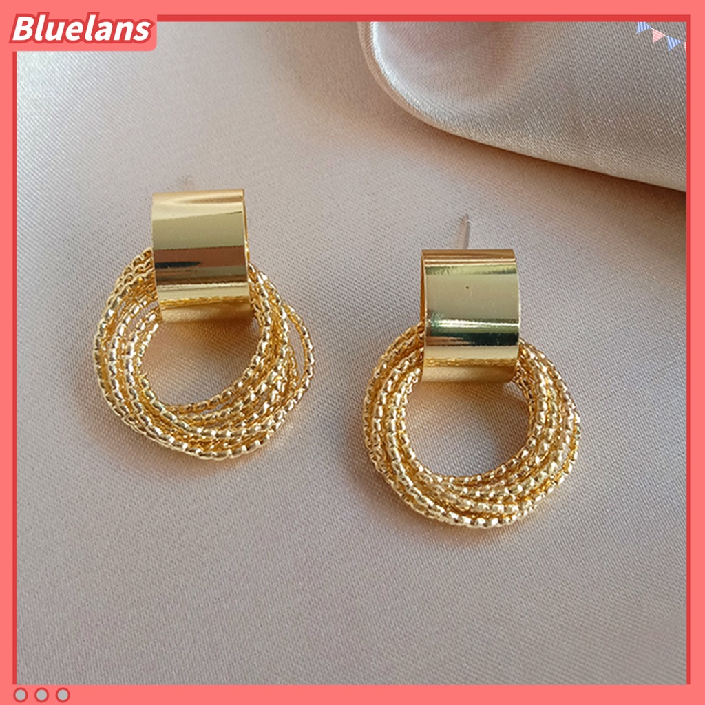 1 Pasang Anting Stud Multilayer Bentuk Lingkaran Warna Emas Untuk Wanita