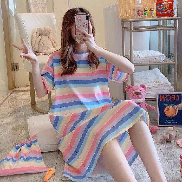 Daster Pastel Wanita Import - Sleepwear-Rainbow Garis