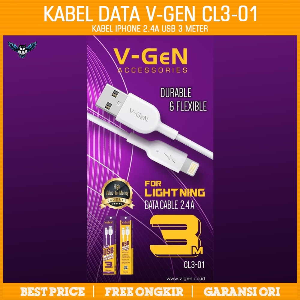 Kabel Data Lightning V-GeN CL3-01 Kabel iPhone 2.4A VGEN USB 3 Meter