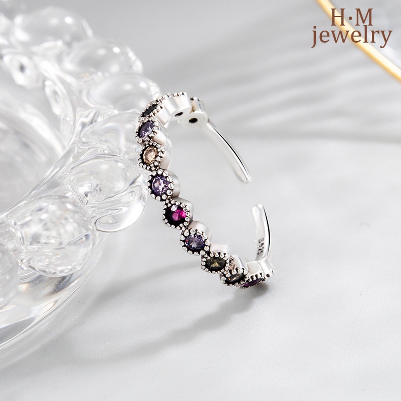 Cincin Silver S925 Model Terbuka Aksen Zircon AAA Warna Pelangi