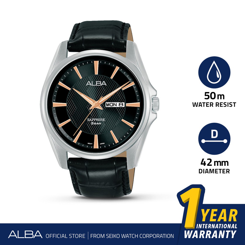 Alba Prestige Jam Tangan Pria AJ6105 / AJ6105X1 Quartz Black Pattern Dial Genuine Leather Strap Watc