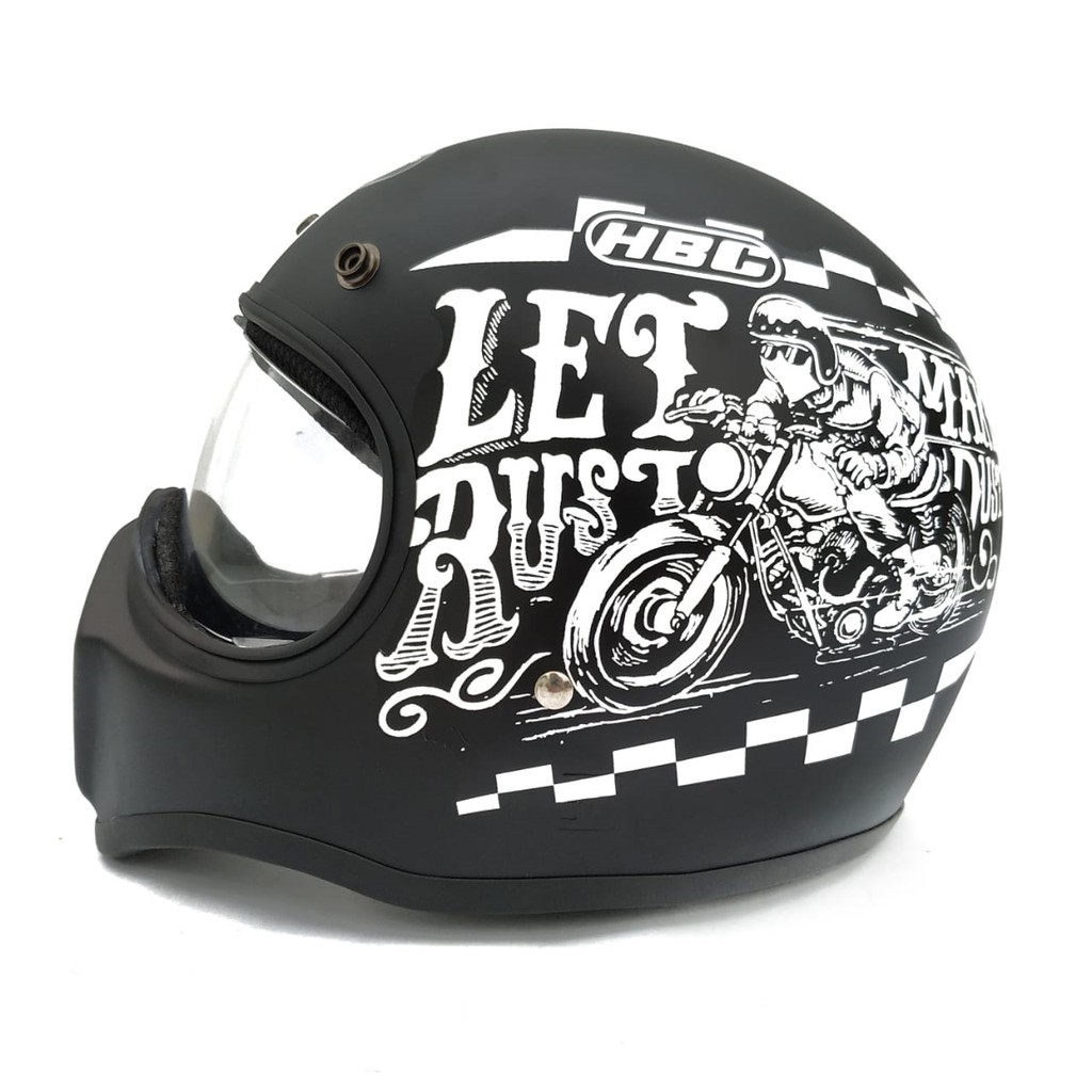 Helm Cakil HBC Rust Dust Black Font White + Inner Visor Chrome ( Fullface / Retro / Klasik / Vespa )