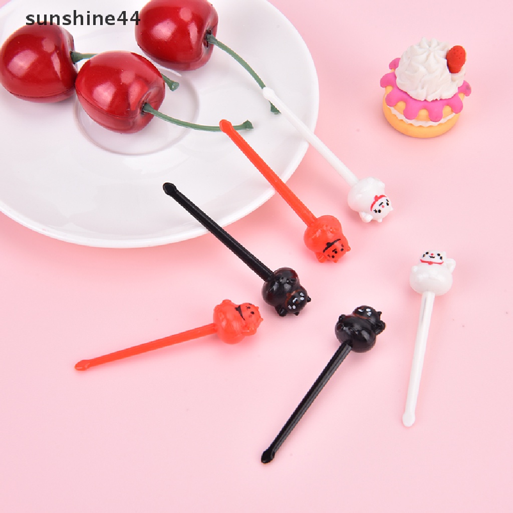 Sunshine 6pcs Garpu Buah / Dessert Mini Bentuk Kucing Keberuntungan Untuk Anak