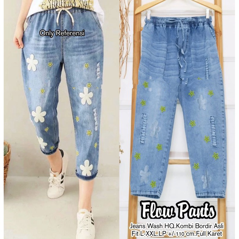 Celana Harem Denim Wash Bordir Bunga Longgar Wanita Celana Kasual Bordir Retro