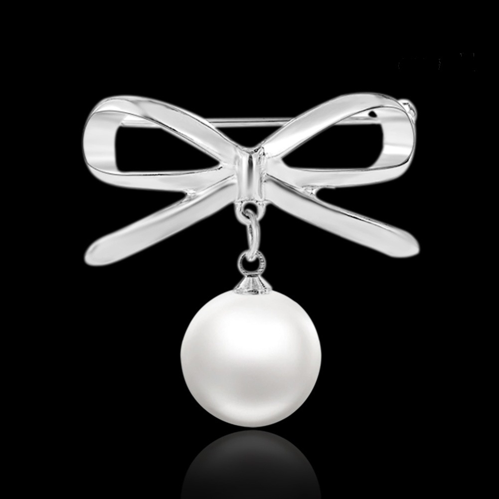 OW@ 2Pcs Women Lady Fashion Bowknot Big Faux Pearl Alloy Brooch Pins Jewelry Gift