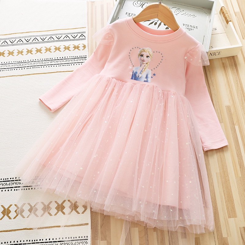 Elsa Princess Dress Frozen Anak Perempuan Musim Gugur dan Musim Dingin Katun Lengan Panjang Star Mesh Dress