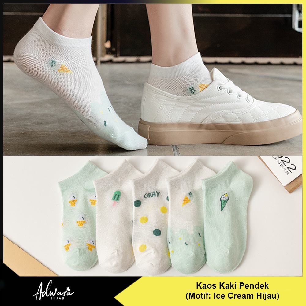 Kaos Kaki Pendek Wanita Motif Ice Cream Hijau Panjang Semata Kaki / Ankle Sock Import Fashion Style Korean KK-060